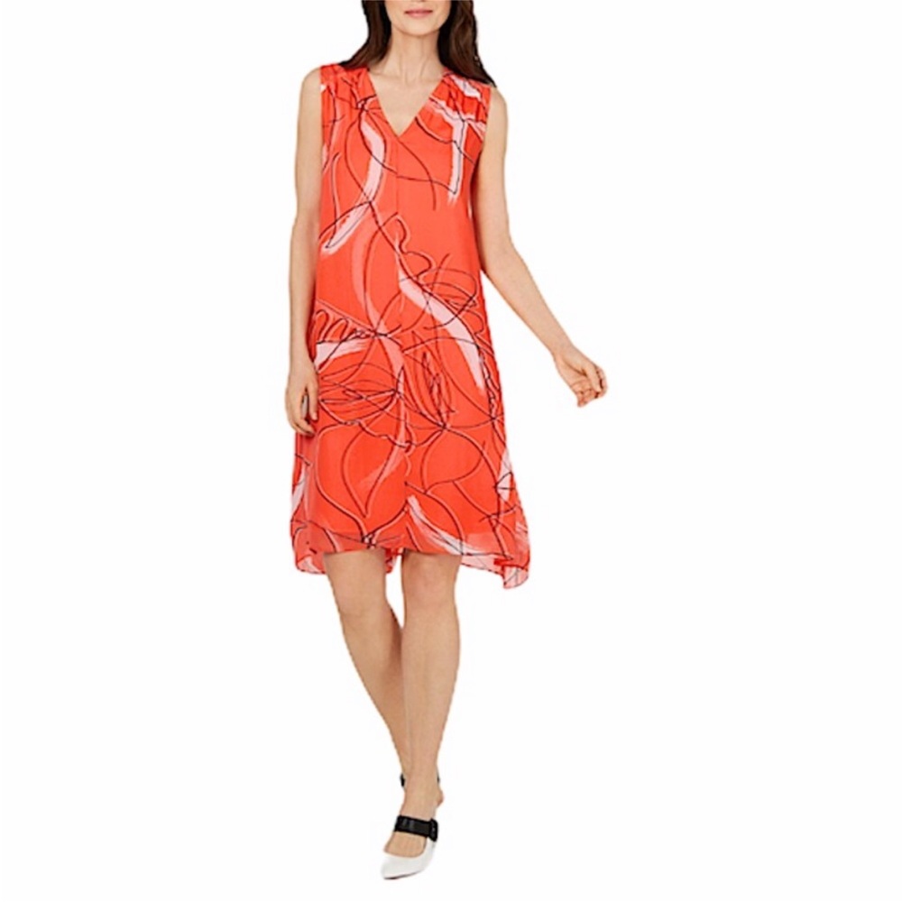 Alfani Printed Sleeveless Shift Shark Bite Lined Coral Sleeveless Dress S/M P